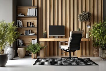 Modern home office interior with wooden paneling

