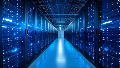 Server room, rows of dark blue server racks, lit by blue light