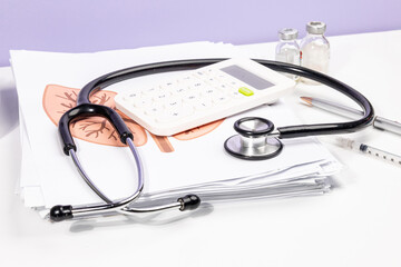 A neat stack of medical papers rests on a doctor’s desk, surrounded by essential medical tools...