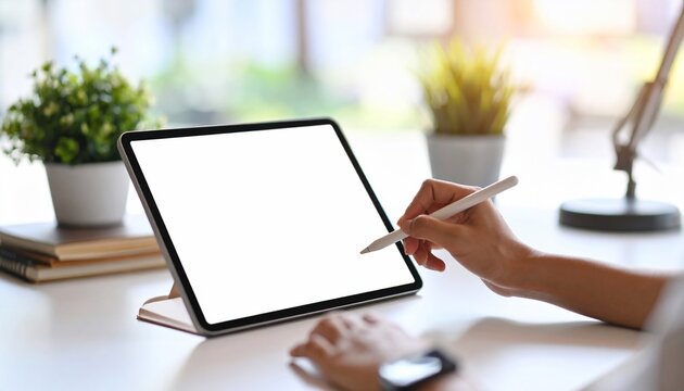 Person using a stylus on a blank digital tablet at a desk.