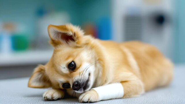 Small dog with bandage on paw resting calmly in veterinary clinic, small dog lying on table with attentive expression, animal care at clinic