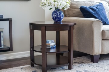 Dark brown wooden round end table with two shelves and straight legs near sofa with blue vase and white flowers on carpeted floor in American living room