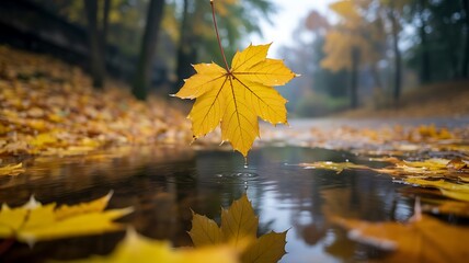 Obraz premium Single yellow maple leaf falling into a puddle creating ripples in autumn