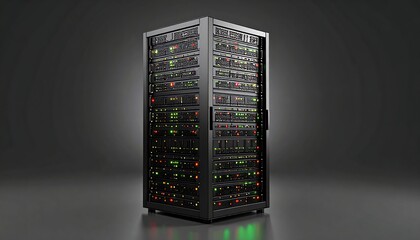 Dark server rack with lit components
