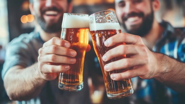 Two men clinking beers