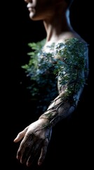 Human arm intertwined with moss and vines against a dark backdrop background