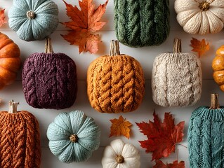 Colorful knitted pumpkins are displayed amongst fallen maple leaves on a rustic, weathered wood surface.