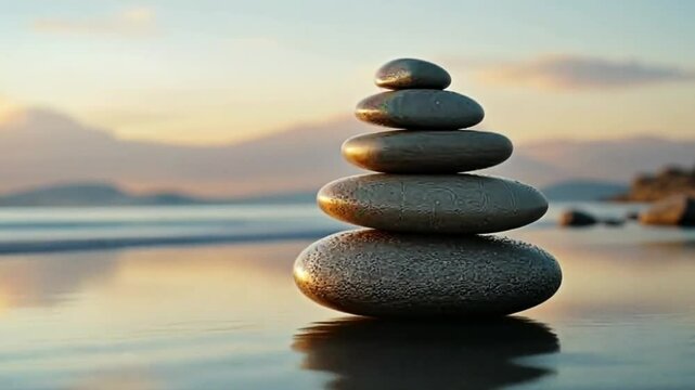 Stacked rocks on a wet beach at sunset with soft light