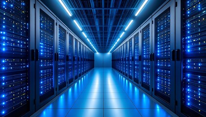 Dark server room lit by blue lights