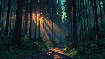 Obraz premium Sunbeams pierce tall trees illuminating a forest path with dappled light