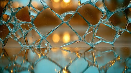 Shattered glass reflecting warm lights