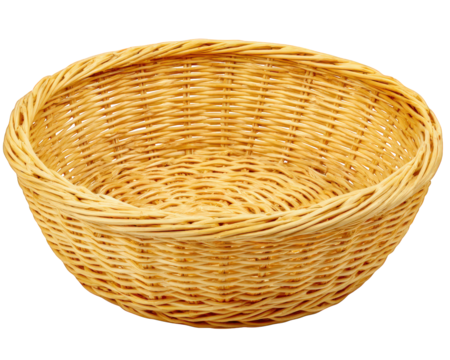 Wicker basket round natural woven empty container isolated on transparency background, rustic style storage for home or kitchen organization, simple and practical design