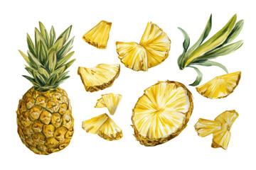 Hand-painted pineapple scatter isolated transparent background ideal for surf shop textile prints