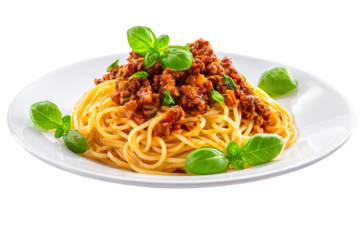 3D Render a plate of spaghetti with meat and basil leaves