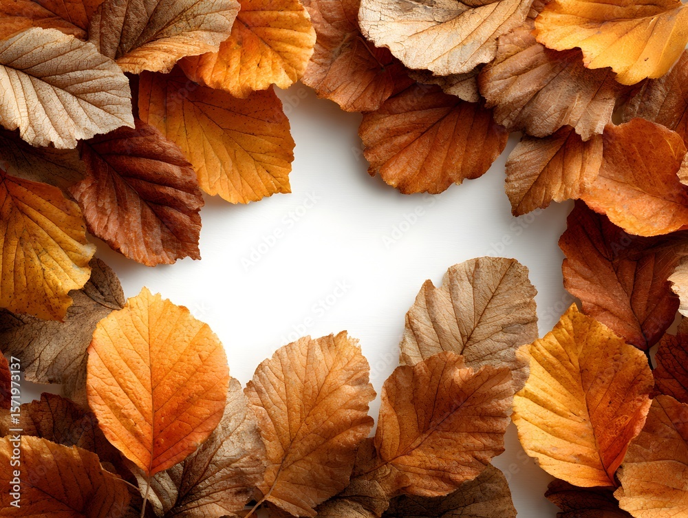 Wall mural autumn leaves in warm brown and golden colors are arranged creating a beautiful frame on white backg