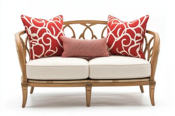 Outdoor love seat with light wood finish, beige linen cushions, red patterned pillow, and two armrests on white background