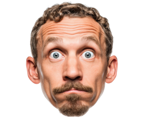 Surprised man face isolated on transparency background with wide eyes curly hair mustache beard expressive emotion adult male close up humorous detailed skin texture studio lighting