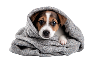 3D Render a dog is wrapped up in a blanket