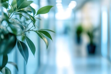 Blurred background of a hospital corridor with medical equipment and people in motion, a light blue color palette, white lighting, a bokeh effect, a medical clinic interior, and a blurred office