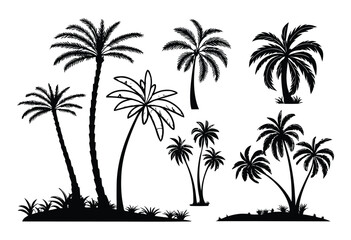 tropical palm tree silhouettes, perfect for summer, travel, vacation designs. palm tree Vector illustrations of diverse shapes on a white background 