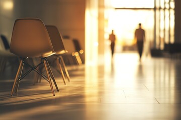 Blurred background of a hospital corridor with empty chairs and medical staff walking in the distance, a defocused background for a copy space banner concept. Stock photo with 2/3 space for text.