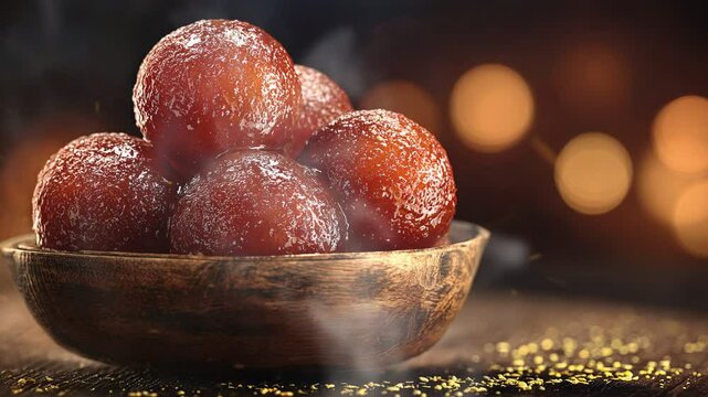 Gulab jamun on dark background with smoke