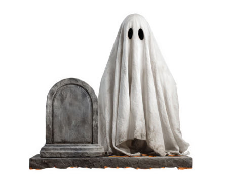 Grave ghost tombstone white sheet spooky Halloween isolated scary cemetery haunted mysterious eerie supernatural costume fear darkness spirit death afterlife stone monument horror tradition