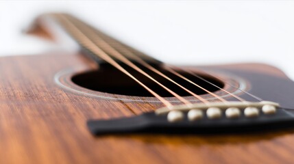 Fototapeta premium A single acoustic guitar isolated on white, showcasing detailed craftsmanship in a studio setting. 