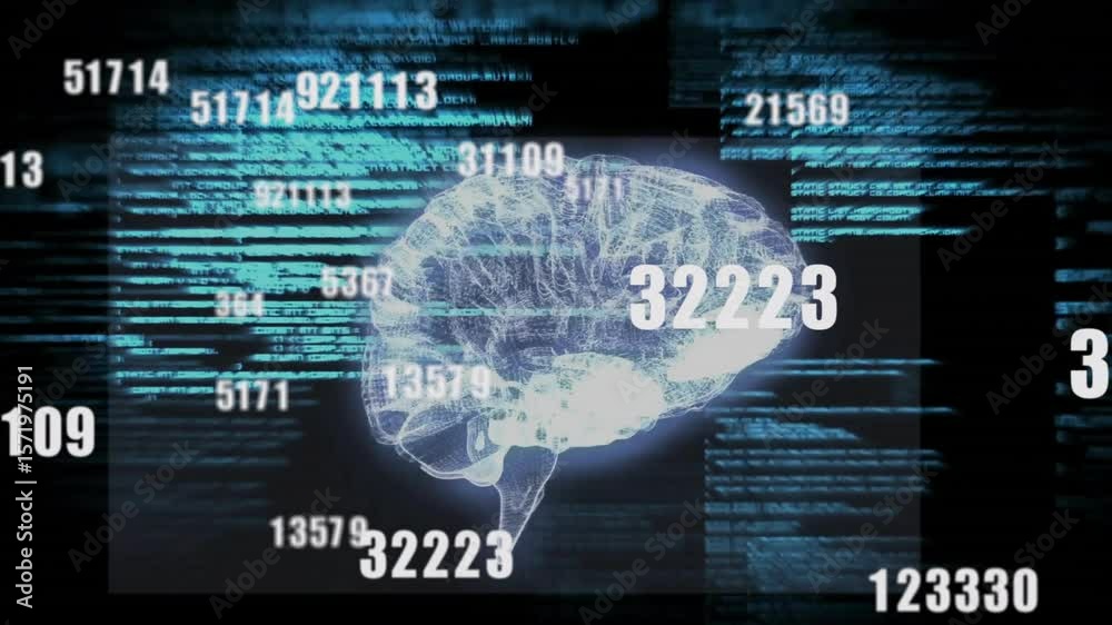 Poster opening with wireframe brain materializing while data overlays swirling teal-blue code showing data