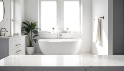 Sleek modern bathroom design showcases a freestanding white bathtub over marble flooring, complemented by wooden accents and large windows for natural light and views.
