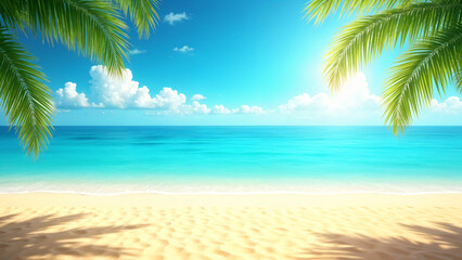 Tropical beach with palm trees during a sunny day .
