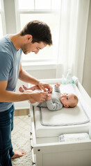 Obraz premium A father changes a diaper on his baby who is lying on a changing table near a bright window light