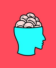 A mental health anxiety concept portraying a turquoise head silhouette filled with distressed faces set against a bold red background, representing crowded negative thoughts and emotional overwhelm.
