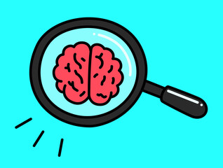 A cognitive investigation design featuring a magnifying glass zooming in on a detailed brain icon on a bright cyan backdrop, highlighting intelligence analysis and knowledge discovery.
