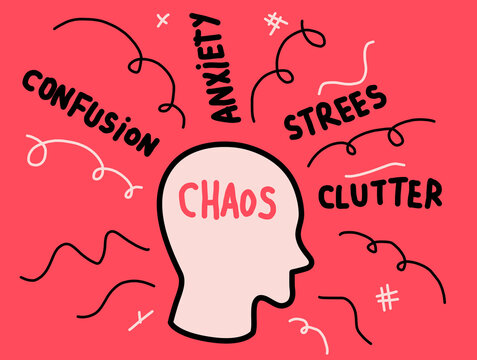 A chaotic mind illustration depicting swirling scribbles and handwritten words confusion anxiety stress clutter around a head silhouette symbolizing mental overwhelm.
