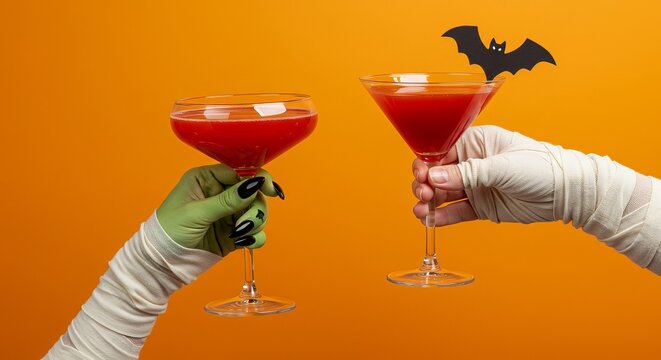 Halloween cocktails held by a zombie and mummy hand on orange background