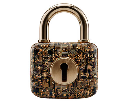 Golden padlock with circuit board pattern, symbolizing cybersecurity, digital protection, and secure technology, isolated on transparency background, modern and futuristic concept