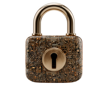 Golden padlock with circuit board pattern, symbolizing cybersecurity, digital protection, and secure technology, isolated on transparency background, modern and futuristic concept