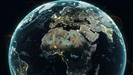 Rotating Globe with Glowing Network Lines Connecting Cities - Powered by Adobe