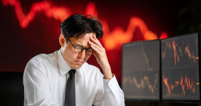 Stressed Financial Analyst in a Dark Office Environment Contemplating Market Challenges and Trends