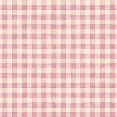 Pink gingham watercolor seamless pattern on butter yellow background. Hand drawn textile design with simple brush texture and bright color. Ideal for summer fabric or wallpaper and creative project.