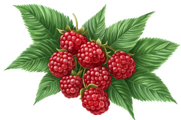 a bunch of raspberries with leaves on a white background