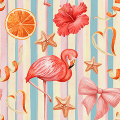 Seamless pattern with flamingo hibiscus and starfish in watercolor trendy style. Pink tropical illustration on striped background. Perfect for summer fabric or wallpaper and romantic decorative print. © NadyaSaen 