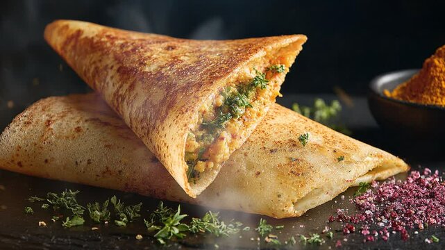 Masala dosa on dark background with smoke