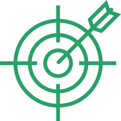 Green arrow hitting the bullseye on a target board representing success