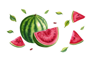 Flat-lay watercolor of watermelon popsicles, transparent background, playful dessert graphic