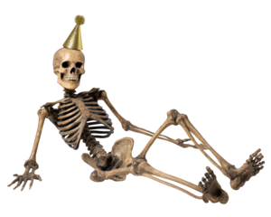 Skeleton party hat dancing isolated photo object celebration humorous festive bone playful. skeleton wearing gold party hat lies relaxed pose creating humorous and festive atmosphere perfect