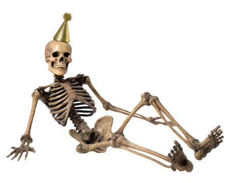 Skeleton party hat dancing isolated photo object celebration humorous festive bone playful. skeleton wearing gold party hat lies relaxed pose creating humorous and festive atmosphere perfect