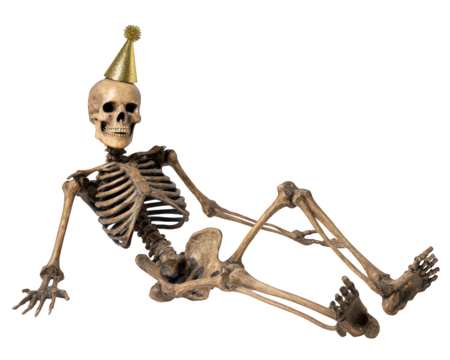 Skeleton party hat dancing isolated photo object celebration humorous festive bone playful. skeleton wearing gold party hat lies relaxed pose creating humorous and festive atmosphere perfect