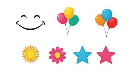 Cartoon image with a smiley face balloons sun flower and stars arranged on a white background design